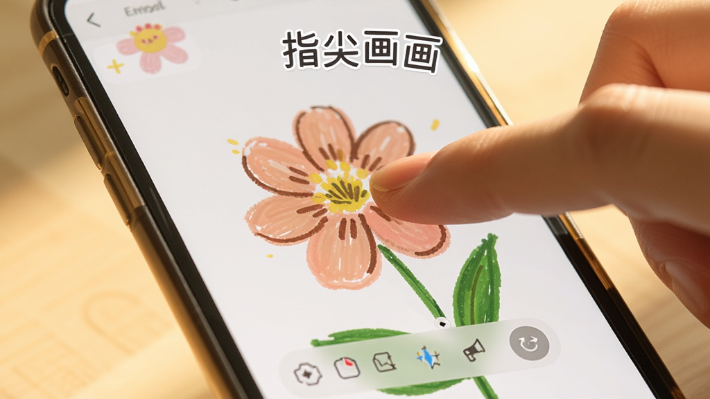 一张展示指尖画画绘画过程的图片,主体为手指在手机屏幕上正在绘制一朵花,布局居中,排版自然,风格温馨明亮,细节包括手指与屏幕的接触点、半透明的工具栏,画质清晰,干净无多余元素,图片中标注“指尖画画”字样