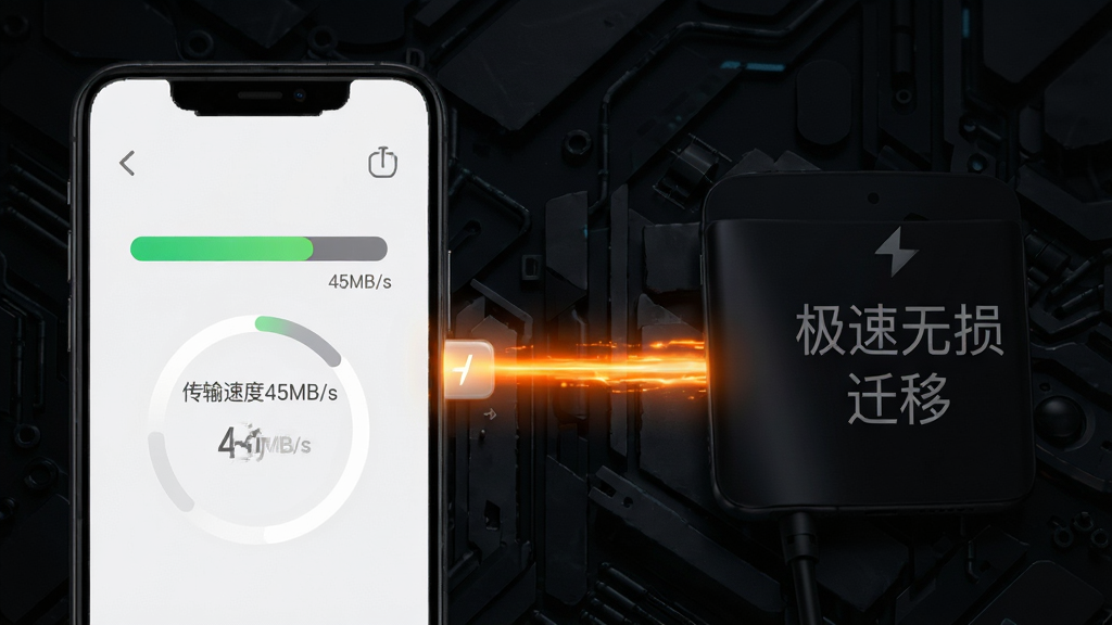 �ֻ����ݴ��伫�ٴ�������ͼģ�⣬��Ļ����ʾ�������롰�����ٶ�45MB/s���������ֻ����������ĳ�ɫ�������ӣ�����Ϊ��ɫ�Ƽ�������ͻ���������ȶ������ֱ�ǩ����������Ǩ�ơ������ʸ��壬��ͼ�ɾ�
