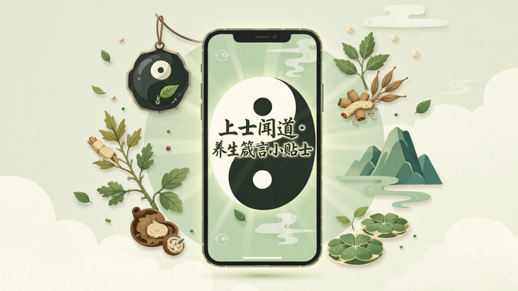 主体为一部正在发光的智能手机,屏幕中显示“上士闻道养生箴言小贴士”字样,手机周围环绕着太极、草药、山水等元素,整体布局居中,采用扁平化设计风格,色调以淡绿色和米白色为主,细节丰富,画质高清,干净无多余元素。
