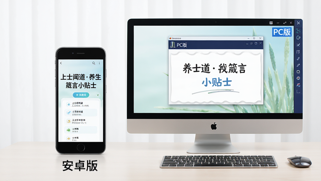 主体为一部手机和一台电脑并排摆放,屏幕上同时显示“上士闻道养生箴言小贴士”的界面,手机下方有“安卓版”字样,电脑屏幕上有“PC版”模拟器窗口,整体布局为对称构图,风格写实,色调明亮,细节清晰,画质高清,干净无多余元素。