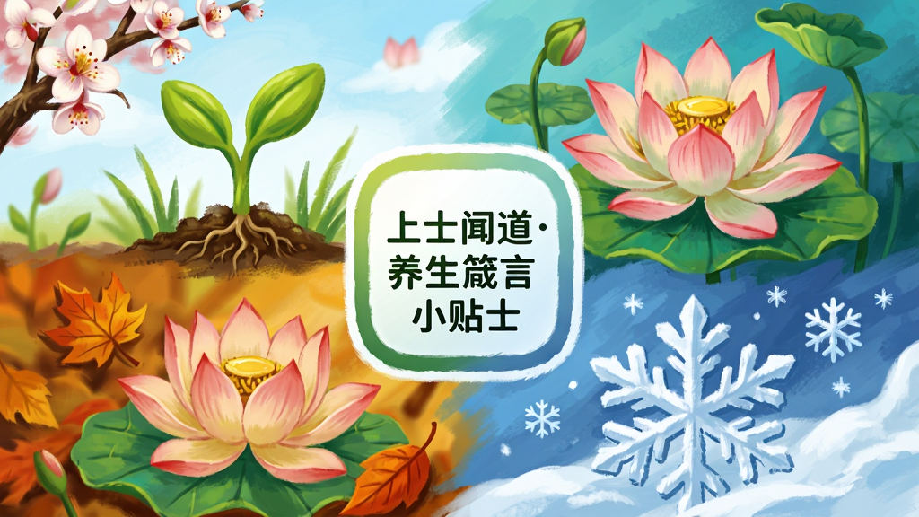 主体为一张动态的四季更迭图,画面中央是“上士闻道养生箴言小贴士”的界面图标,图标周围分别展示春芽、夏荷、秋叶、冬雪四种元素,布局为环绕式,风格插画,色调鲜明,细节丰富,画质高清,干净无多余元素。