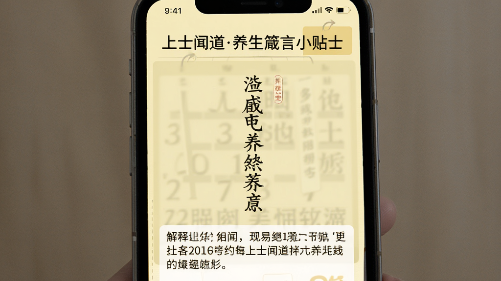 主体为一张日历样式的手机界面截图,上方标题为“上士闻道养生箴言小贴士”,中间显示一句竖排的文言文箴言,下方配有一段白话文解释,整体布局规整,风格素雅,色调淡黄,细节清晰,画质高清,干净无多余元素。