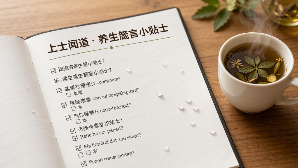 主体为一份展开的电子问卷,纸张顶部有“上士闻道养生箴言小贴士”字样,问卷上印有多个选择题和勾选标记,旁边配有一杯冒着热气的草药茶,整体布局为左右结构,风格写实,色调温暖,细节丰富,画质清晰,干净无多余元素。