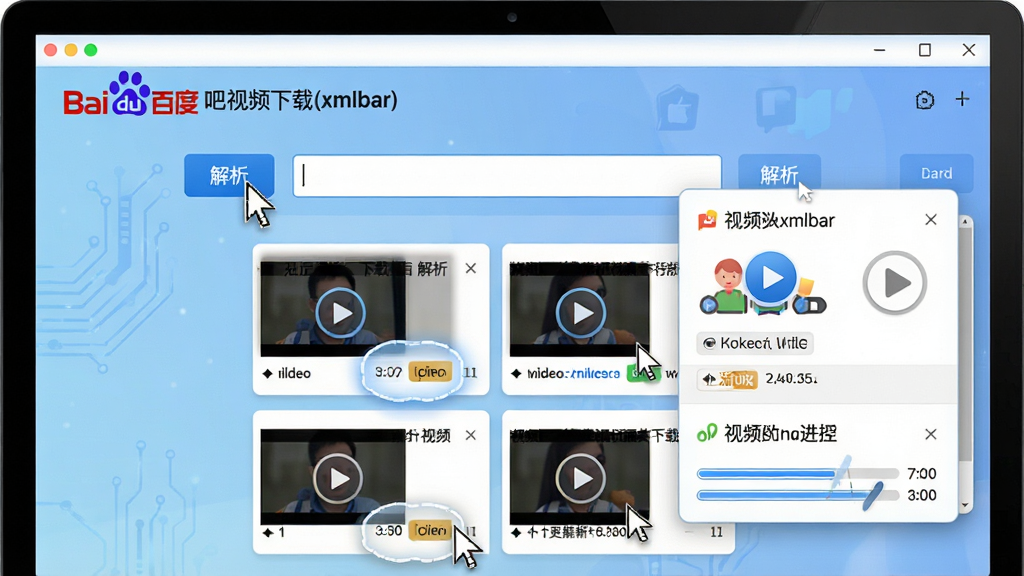 ���壺�ٶ�������Ƶ����(xmlbar)�Ľ���������ʾ��������Ļ����ʾ���������棬���������������ť���Աߵ�����Ƶ�б������֣���������Ϊ������·��������н���������Ƶ��Ƭ��ÿ����Ƭ��ʾ��Ƶ����������ȱ�ǩ���Ű棺��Ƭʽ���֣�ÿ��������Ƭ�������ȡ���񣺿Ƽ���������Ԫ�ؽ�ϣ�����Ϊ����ɫ���䡣ϸ�ڣ���Ƭ�ϲ��Ű�ť���������λ�ø����������������������������ʣ�������Ⱦ��ɫ���������޶���Ԫ�ء�