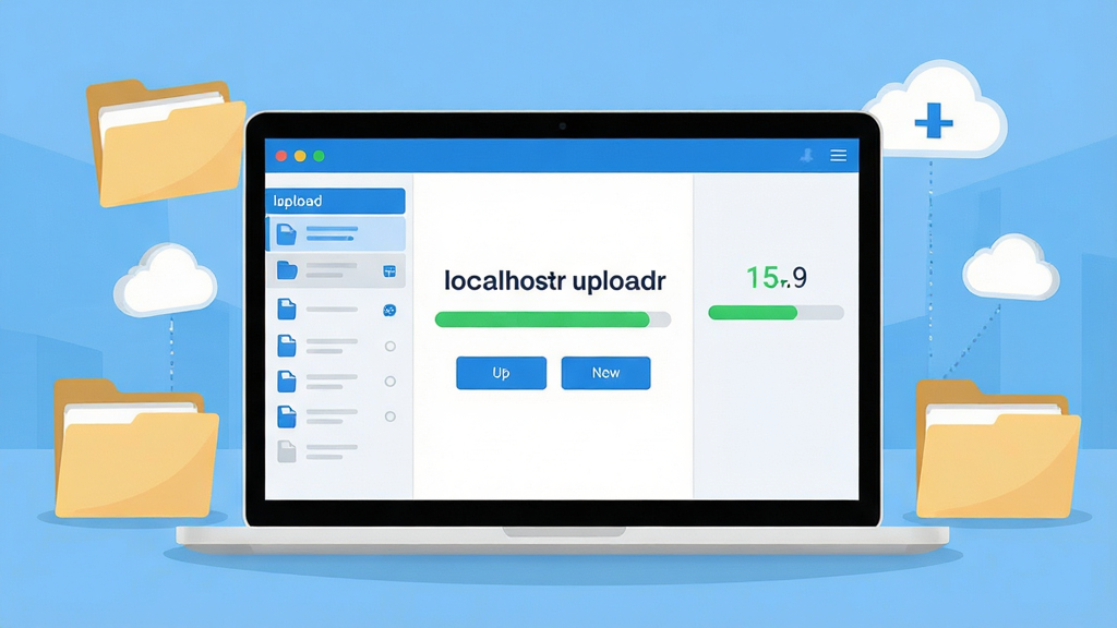 主体:一台笔记本电脑屏幕显示“localhostr uploadr”上传界面,桌面散落着文件夹和云图标。布局:电脑居中,左侧有文件列表,右侧显示上传进度条。排版:界面清爽,按钮清晰。风格:现代扁平化,蓝白主色调。细节:屏幕上文字“localhostr uploadr”,进度条绿色。画质:高清,干净,无多余元素