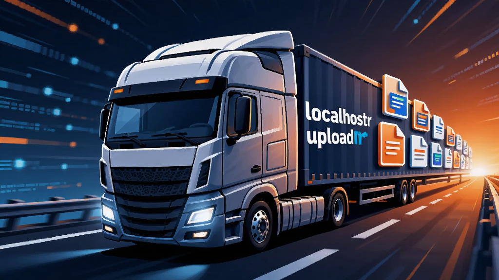 主体:一个高速公路上行驶的卡车,车身上印有“localhostr uploadr”标志,后方拖着多个文件图标。布局:卡车居中,道路延伸至远方,两侧有数据流。排版:动感有力,速度线明显。风格:科技感插画,蓝橙配色。细节:文件图标清晰,车灯发光。画质:高清,干净,无多余元素