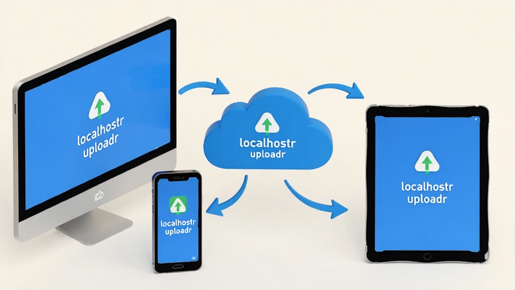 主体:一台PC、一部手机和一个平板围绕云端,显示“localhostr uploadr”图标。布局:三设备呈三角排列,中心是云。排版:对称均衡,设备间有同步箭头。风格:现代3D渲染,浅色背景。细节:设备屏幕显示上传成功提示。画质:高分辨率,干净,无多余元素