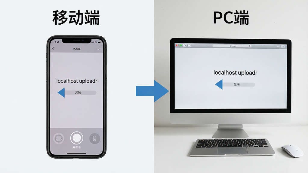主体:手机和电脑并排,屏幕上都显示“localhostr uploadr”上传界面,并标出“移动端”和“PC端”。布局:左右分屏,中间有同步箭头。排版:对比明显,标注清晰。风格:写实截图风格,浅色背景。细节:手机端显示触控操作,电脑端显示鼠标操作。画质:高清,干净,无多余元素