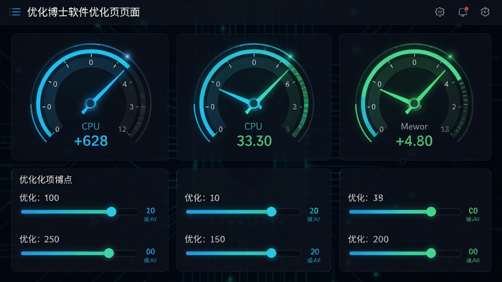 ���壺�Ż���ʿ�����������Ż�ҳ�棬չʾһ�����ƿ���̨�Ľ��棬��CPU���ڴ桢�����ʵʱռ���Ǳ��̡����֣������Ǳ��̺����������Ϸ����·��Ƕ�����϶����Ż���Ŀ���顣�Ű棺��Ϣ�㼶���������ݿ��ӻ�ͻ���������ɫ�Ƽ�����棬�����޺�������ɫ���ݹ�Ч��ϸ�ڣ��Ǳ���ָ�����������������ֵ��ǩ�����ʣ����廭�ʣ���ӰЧ��ϸ�壬�ɾ����޶���Ԫ�ء�