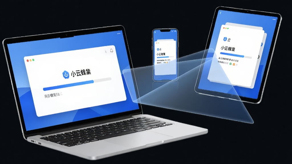 一张展示小云蜂巢多设备同步场景的示意图,前景是笔记本电脑屏幕中显示小云蜂巢的同步进度条,背景有手机和平板同时亮起相同文件界面,三者通过半透明光线连接,形成三角布局,色调以蓝白为主,风格简洁科技感,画质细腻,干净无冗余元素