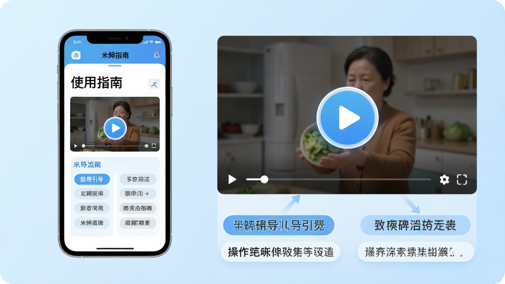 ���壺�ֻ�����չʾ����App�ġ�ʹ��ָ�ϡ�ҳ�棬��Ļ����������������Ƶ���Ž��档���֣����Ϊ�ֻ�ʵ��ͼ���Ҳ�Ϊ�Ŵ�Ľ����ͼ���·��в�����������˵�����Ű棺ͼ�Ľ�ϣ�������������񣺼��Ƽ��У�����Ϊǳ��ɫ���䡣ϸ�ڣ���Ƶ���Ű�ťͻ��������������Բ�Ǳ�ǩ��ס�����ʣ����壬�ɾ����޶���Ԫ�ء�