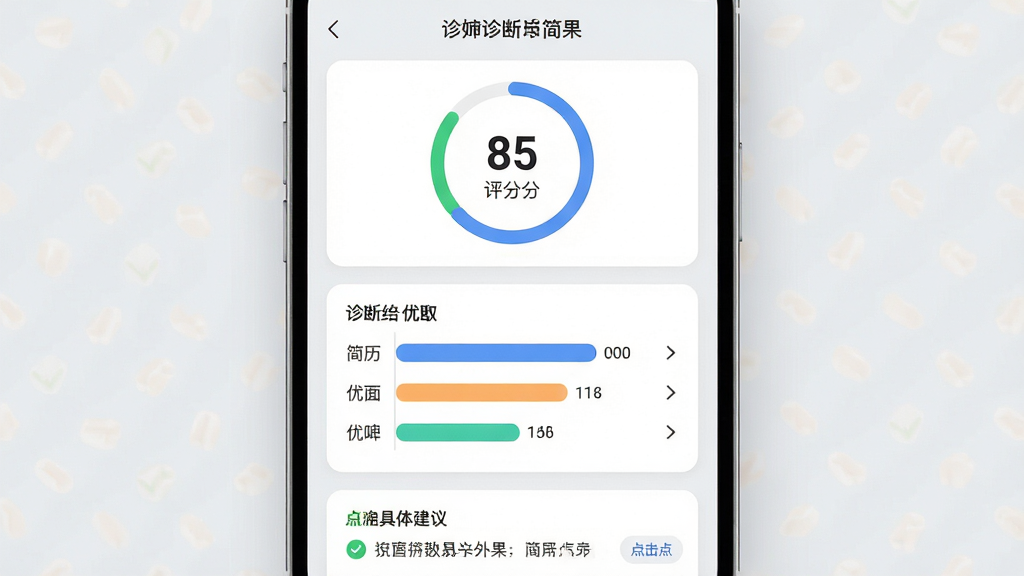 ���壺�ֻ���Ļչʾ����App�ļ�����Ͻ��ҳ�棬�Ϸ���ʾ��������85�֣��·��г������Ż����顣���֣�ҳ�涥��Ϊ���ֻ���ͼ���в�Ϊ���ά������ͼ���ײ�Ϊ���彨���б����Ű棺��Ϣ�㼶���������ݿ��ӻ����û�һĿ��Ȼ����񣺼�Լ����磬����Ϊǳ��ɫ����Ƭ���ð�ɫԲ����ơ�ϸ�ڣ�������Ŀ���жԹ��ͼ�ͷͼ�꣬��ʾ�ɵ�����������ʣ���ϸ�����ͼ��񣬸ɾ����޶���Ԫ�ء�