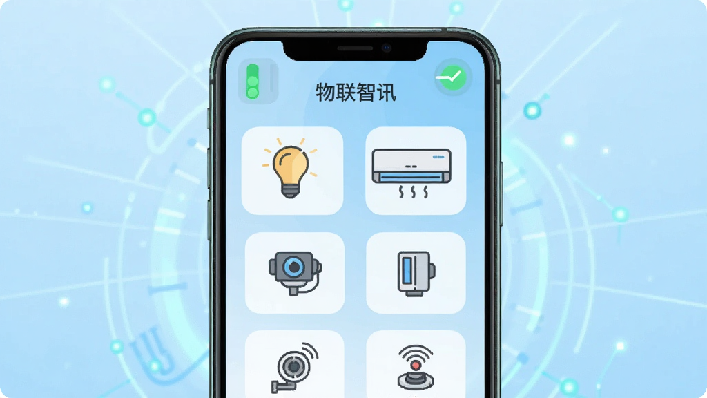 图像中央展示一款名为“物联智讯”的智能手机应用界面,手机屏幕内显示多个智能设备图标(灯泡、空调、摄像头、传感器)以网格排列,顶部有绿色连接状态指示灯,背景为浅蓝渐变科技感光效,界面风格扁平化,图标线条清晰,整体布局干净,画质高清,无多余元素