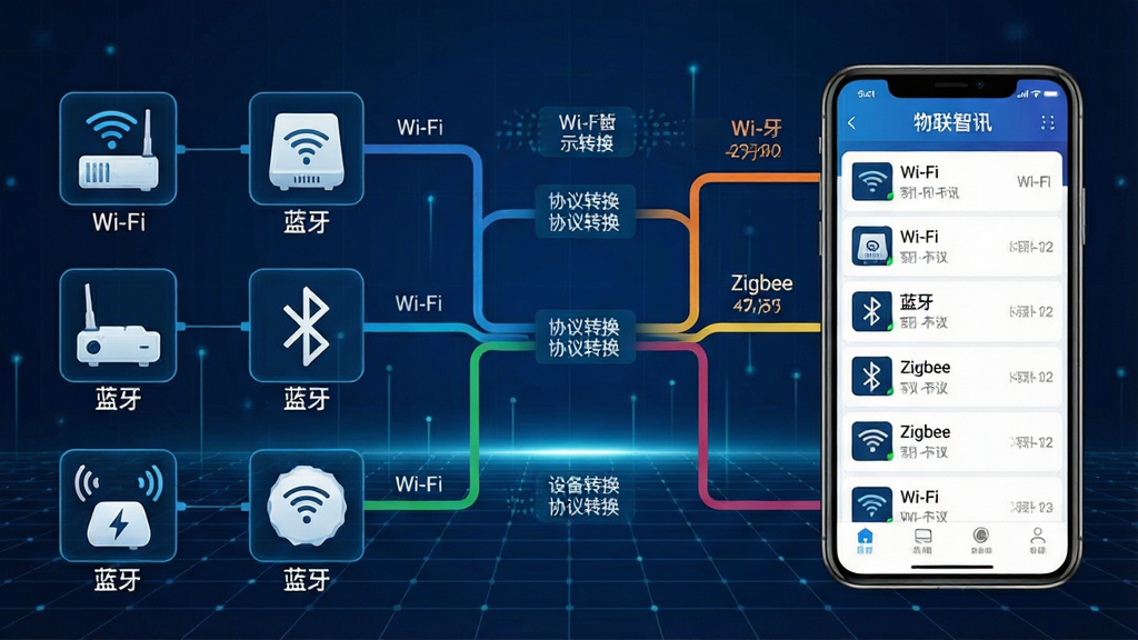 一张“物联智讯”应用内的设备连接示意图,左侧为各类物理设备图标,右侧为手机界面中的设备列表,中间用彩色连线表示协议转换,背景为深蓝色科技网格,整体布局对称,图表风格现代,细节处标注“Wi-Fi”“蓝牙”“Zigbee”字样,画质清晰,无多余元素