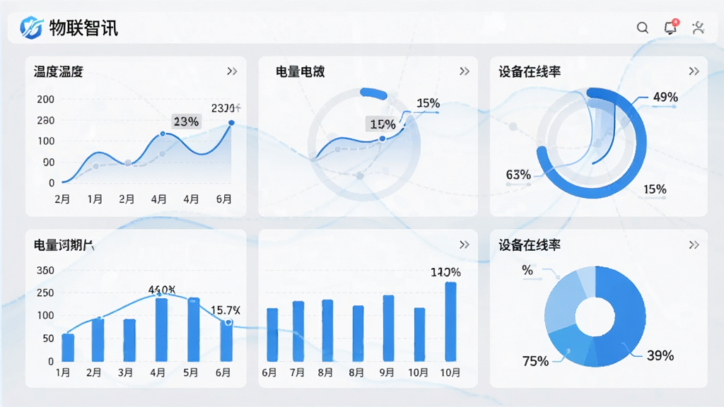 展示“物联智讯”数据看板界面,屏幕上分布多个圆形和条形统计图表,分别显示温度曲线、电量柱状图、设备在线率饼图,整体配色以蓝白为主,图表线条流畅,数据数字清晰,背景为浅灰色,风格简洁商务,画质细腻,无多余元素