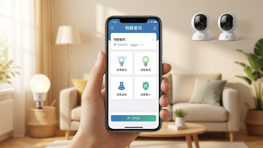 一张“物联智讯”手机应用的使用场景图,手机握在用户手中,屏幕显示设备控制面板,背景是明亮的客厅,有智能灯泡和摄像头,整体色调温暖,构图居中,细节清晰,画质为1080p,干净无多余元素