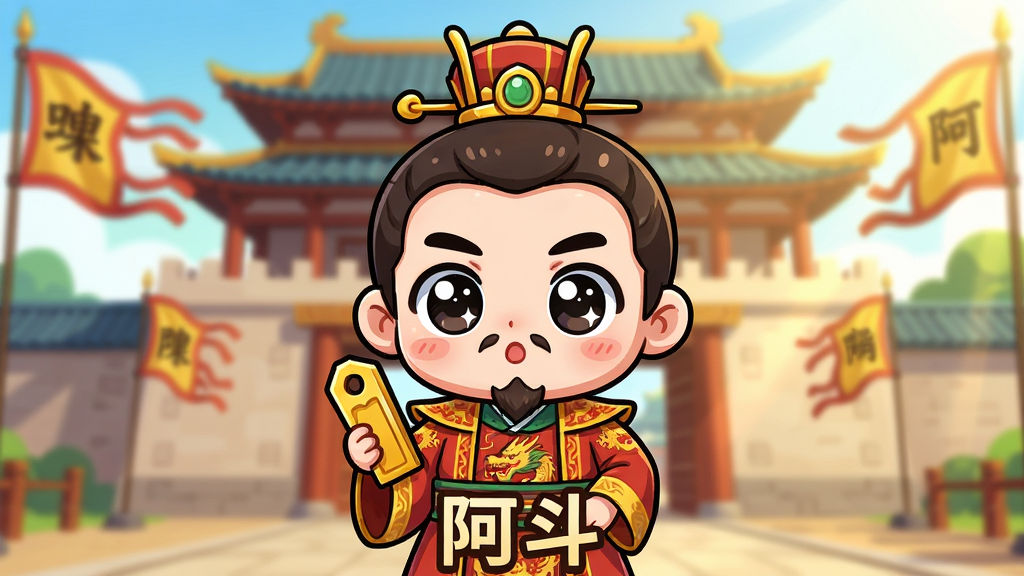 主体:Q版卡通风格的阿斗角色,头戴帝冠,身穿龙袍,表情呆萌,手持金色令牌,站在古风城门前。布局:角色居中,背景为三国风格的宫殿与旗帜,画面下方有“阿斗”二字标题。排版:标题居中,角色占画面主体,背景虚化。风格:Q版卡通,色彩明亮,线条圆润。细节:角色眼睛大而闪亮,衣纹清晰,旗帜飘动,阳光洒落。画质:高清,干净,无多余元素。