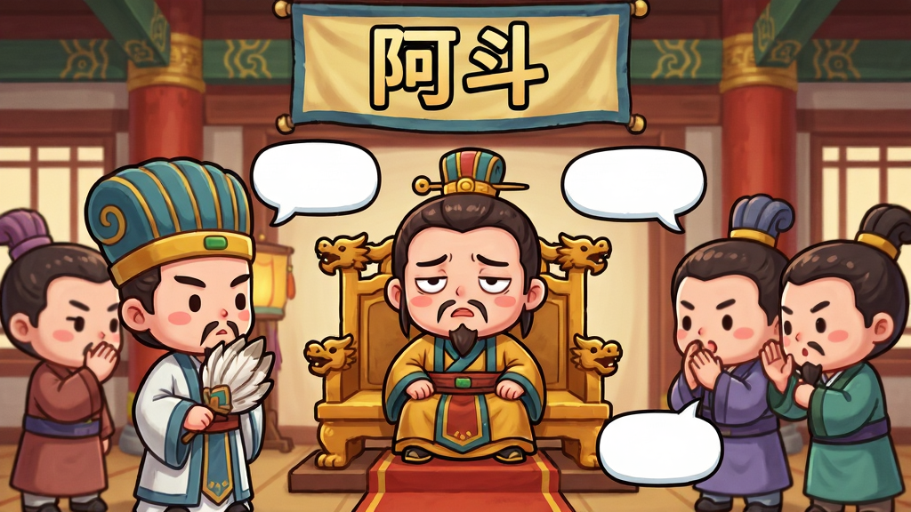 主体:阿斗与诸葛亮等三国角色在朝堂上对话,阿斗坐在龙椅上,表情无奈,诸葛亮手持羽扇,周围大臣交头接耳。布局:朝堂场景,阿斗居中,诸葛亮在左侧,大臣分列两侧,画面顶部显示“阿斗”游戏标题。排版:角色排列有序,对话气泡穿插其中。风格:Q版卡通,色彩鲜艳,细节丰富。细节:朝堂装饰华丽,人物表情夸张,横幅上写“阿斗”二字。画质:高清,干净,无多余元素。