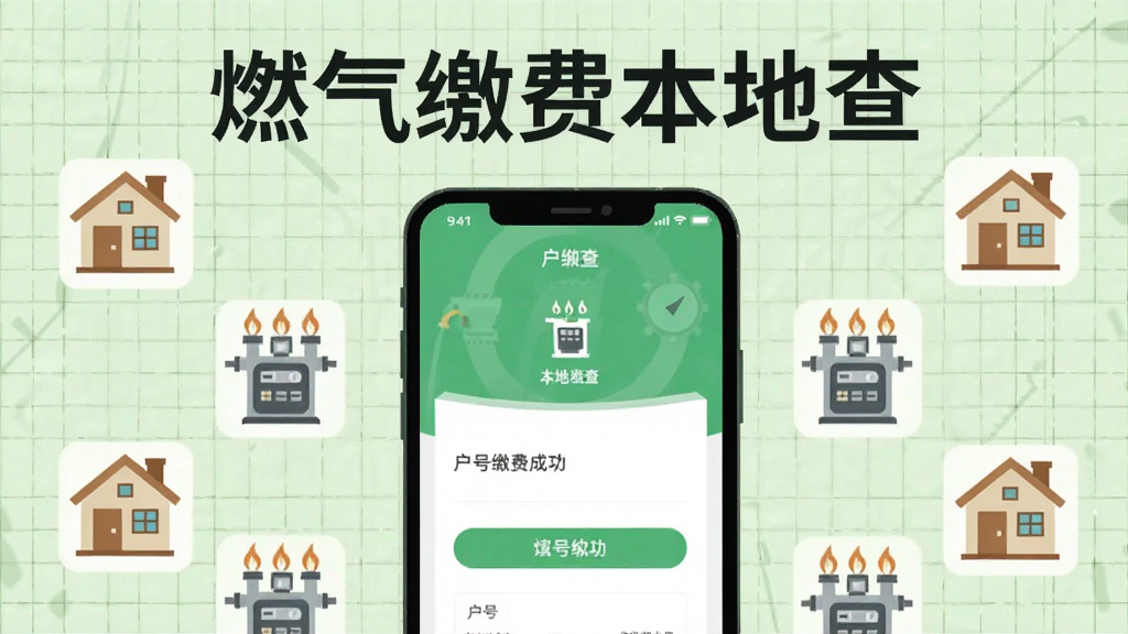 燃气缴费本地查软件功能展示图,画面中央是手机APP的户号绑定成功界面,周围环绕着多个房屋图标和燃气表图标,背景为浅绿色网格纸风格,排版整洁,突出“燃气缴费本地查”软件名称,扁平化设计风格,画质清晰,干净无多余元素