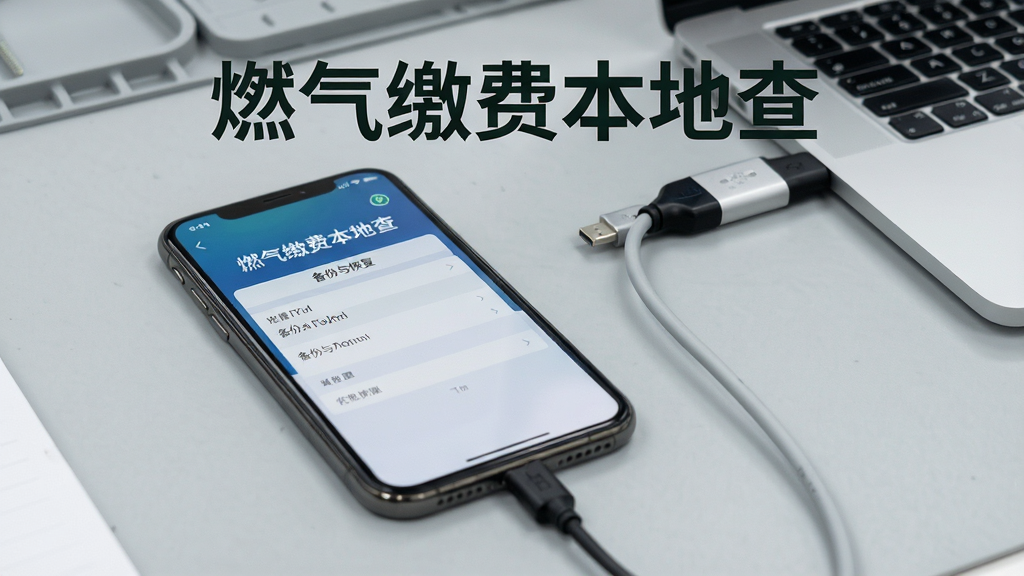 燃气缴费本地查APP操作教程示意图,手机屏幕上显示设置菜单中的备份与恢复选项,旁边有数据线连接手机与电脑,背景为浅灰色工作台,排版清晰,突出“燃气缴费本地查”软件名称,写实摄影风格,画质高清,干净无多余元素