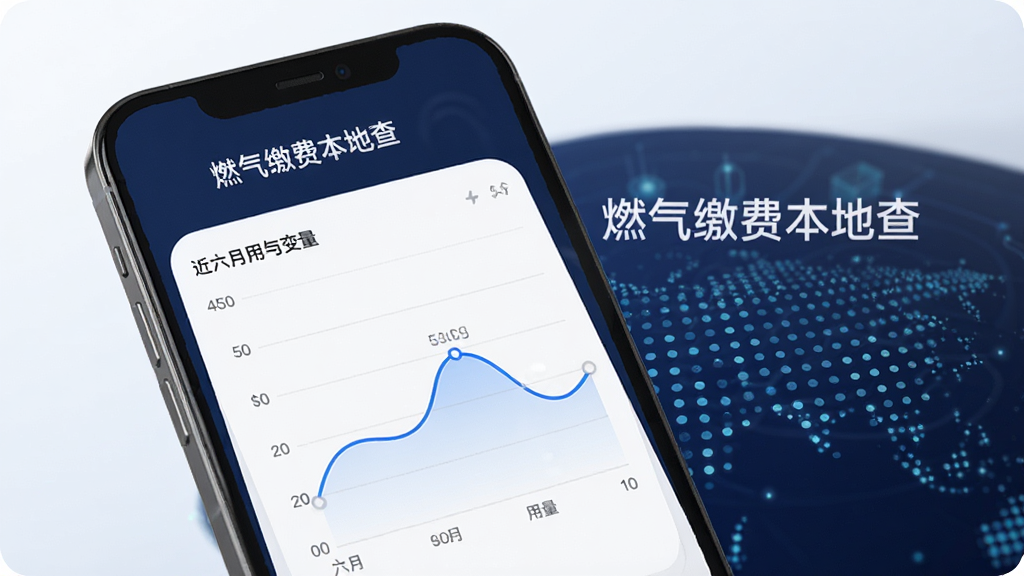燃气缴费本地查APP离线查询功能示意图,手机屏幕展示折线统计图,显示近六个月燃气用量变化,背景为深蓝色科技感圆点矩阵,强调数据安全与本地存储,突出“燃气缴费本地查”软件名称,现代简约风格,画质细腻,干净无多余元素