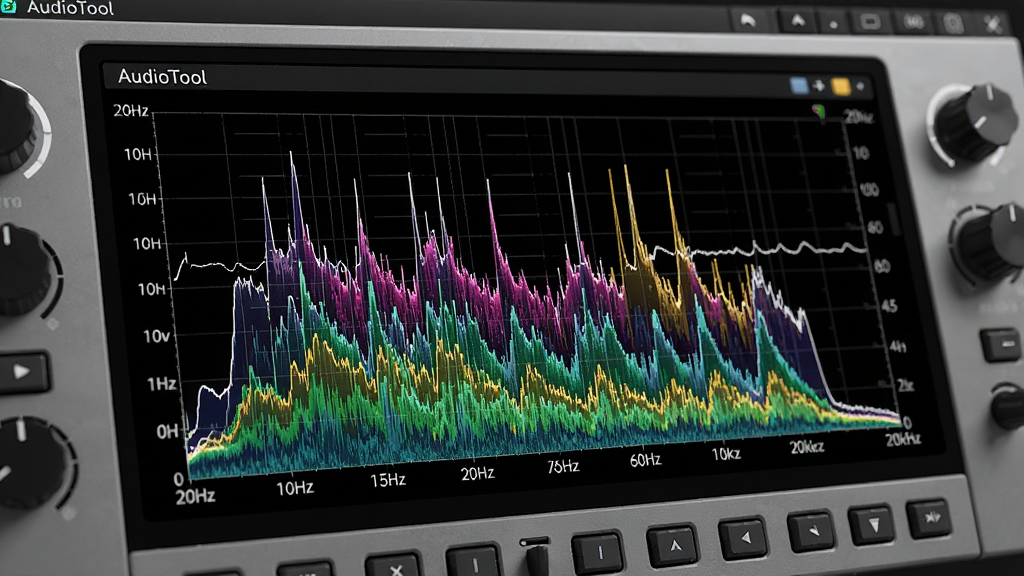 AudioTool�������н�����д����Ļ��ʾʵʱƵ��ͼ��������ɫ�����ں�ɫ������������Ƶ�ʿ̶ȴ�20Hz��20kHz����ֵ�԰�ɫ������ǣ�������רҵ����Χ��������ť�Ͱ�ť������۸���ͬרҵ��Ƶ�豸��壬������Ⱦ��ϸ�ڷḻ���ɾ��޶���Ԫ��