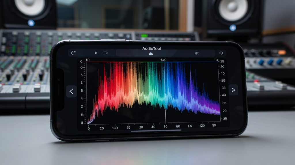 ������д��ͷ�µ������ֻ���Ļ��ʾAudioToolӦ�ý��棬��Ļ�����ǲ�ɫƵ���ٲ�ͼ����������ɫ�����ޣ���Χ�о�ϸ�Ŀ̶��ߺ���ֵ�������ֻ�����רҵ¼���Ҳ���̨�ϣ������黯�ĵ���̨�ͼ������䣬������Ƽ���ʮ�㣬����ϸ�壬���߾��ȣ��ɾ��޶���Ԫ��