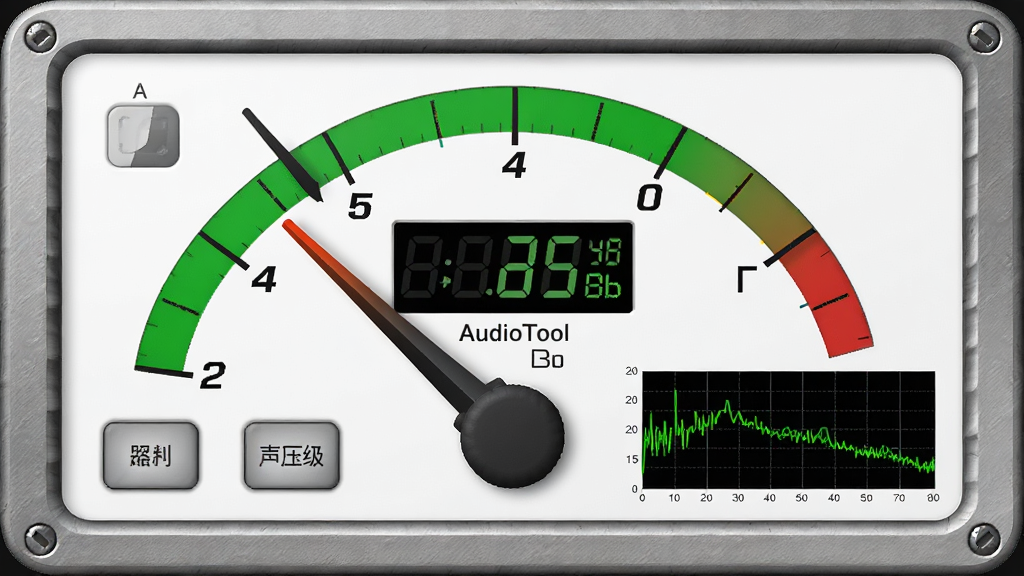 AudioTool��ѹ���������棬����Ϊģ��ָ��ʽ�Ǳ��̣�ָ��ָ����ɫ����������ʾ��ǰ�ֱ�ֵ����Χ�м�Ȩѡ��ť��ʵʱ����ͼ������������רҵ�����ƣ������ʸб߿򣬻������������߾��ȣ��ɾ��޶���Ԫ��