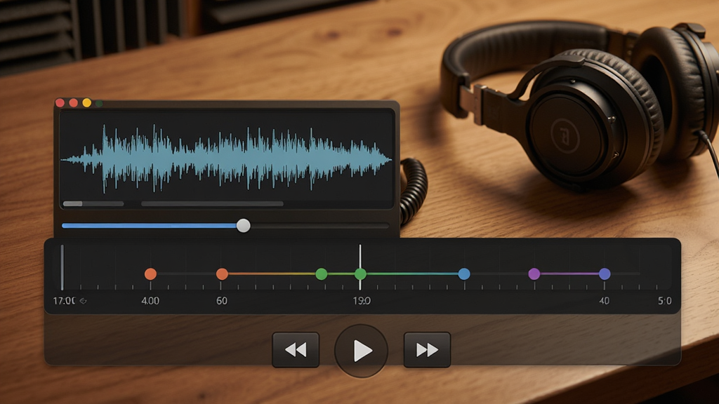 AudioTool¼���طŽ��棬��ʾ��������ͼ�벥�Ž�������ʱ�������в�ɫ��ǵ㣬�ײ��в��ſ��ư�ť������Ϊľ�����������������ɫ����ů��ϸ�ڷḻ������ϸ�壬�ɾ��޶���Ԫ��