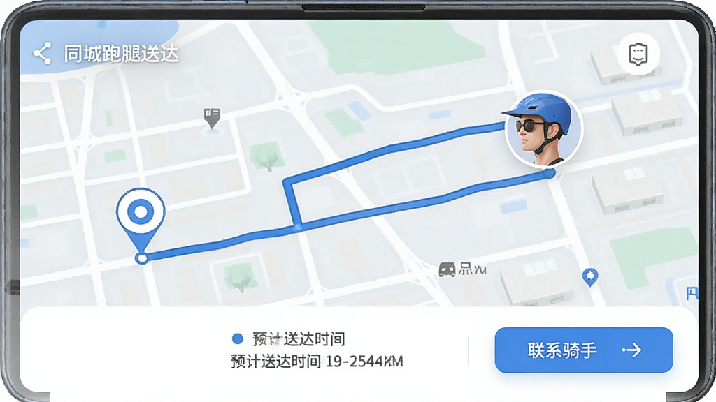 չʾͬ�������ʹ�APP�Ķ���׷�ٽ��棬��ͼ����ʾ��㵽�յ��·�ߣ�����ͷ����·���ƶ����ײ����С�Ԥ���ʹ�ʱ�䡱�롰��ϵ���֡���ť������������������ɫ����ƽ����ƣ����ʸ��壬�޶���Ԫ��