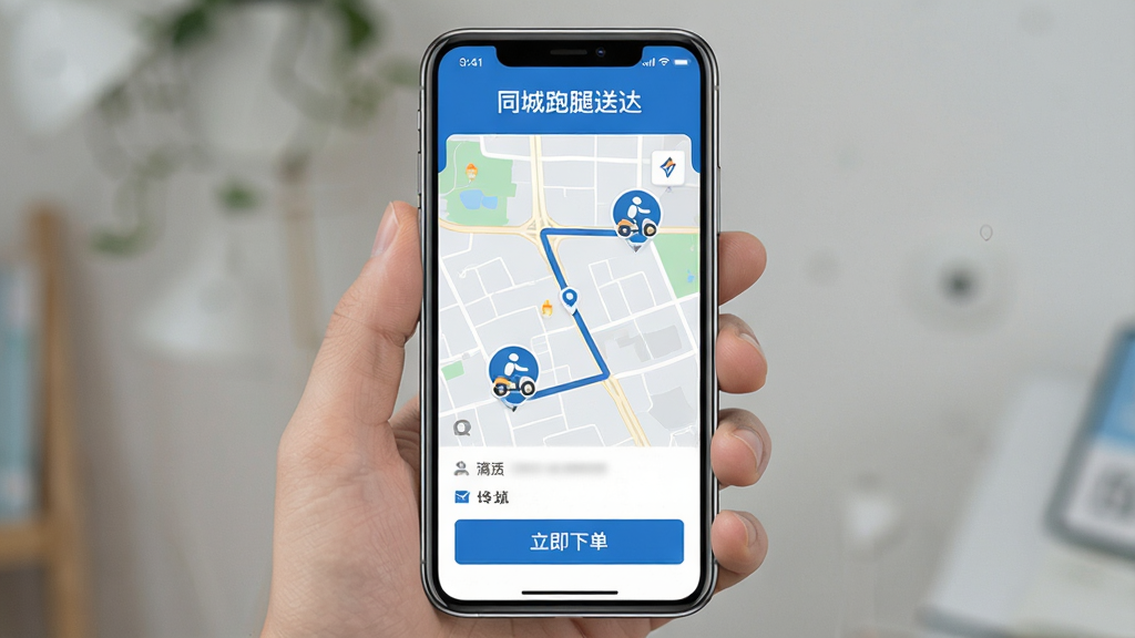 ��������Ϊ�����ֻ���Ļչʾͬ�������ʹ�APP�����棬���涥����ʾ��ͬ�������ʹƷ�����ƣ��м�Ϊ��ͼ·��������ͼ�꣬�ײ�Ϊ�������µ�����ť�����岼���������Ű��࣬����������ɫ������ƽ����Ʒ��ϸ�ڷḻ�����ʸ��壬�ɾ��޶���Ԫ��