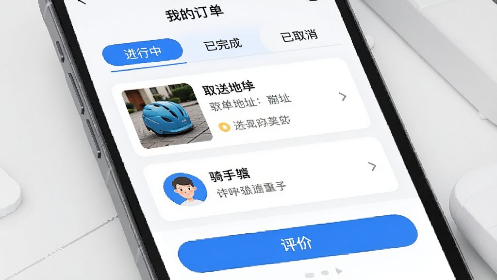 չʾͬ�������ʹ�APP�ġ��ҵĶ�����ҳ�棬�Ϸ�Ϊ����״̬��ǩ�������С�����ɡ���ȡ�������м�Ϊ������Ƭ��������ƷͼƬ��ȡ�͵�ַ��������Ϣ���ײ�Ϊ�����ۡ���ť���������࣬������ɫ�������������޶���Ԫ��