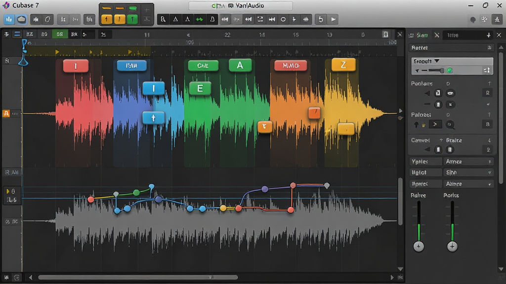 主体:Cubase 7 的 VariAudio 编辑器界面,显示人声音符的自动校正控制点,布局:波形上方悬浮可拖动的音符块,右侧为属性面板,排版:音符块颜色鲜艳,波形背景为深灰色,风格:直观简洁,细节:显示音高线、共振峰调整手柄,画质:清晰,干净,无多余元素