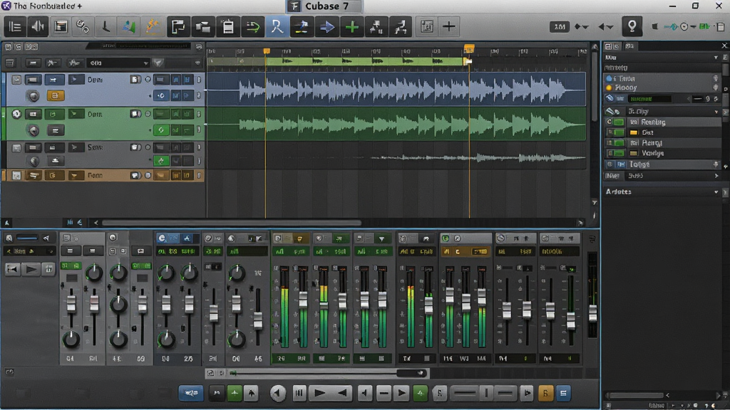 主体:Cubase 7 软件主界面,展示多轨音频编辑窗口、调音台面板与虚拟乐器轨道,布局:界面清晰,轨道区与编辑区上下分布,工具栏位于顶部,右侧为插件浏览器,排版:专业 DAW 布局,轨道头、时间线、缩放控制、走带控制一应俱全,风格:写实风格,高分辨率屏幕显示,细节:波形显示清晰,电平表跳动,推子与旋钮质感细腻,画质:高清,干净,无多余元素