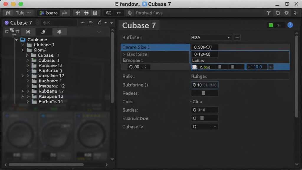 主体:Cubase 7 的设置界面,显示音频设备与缓冲区设置,布局:左侧设备树,右侧参数面板,风格:简洁清晰,细节:缓冲区大小选项高亮显示,画质:干净,无多余元素