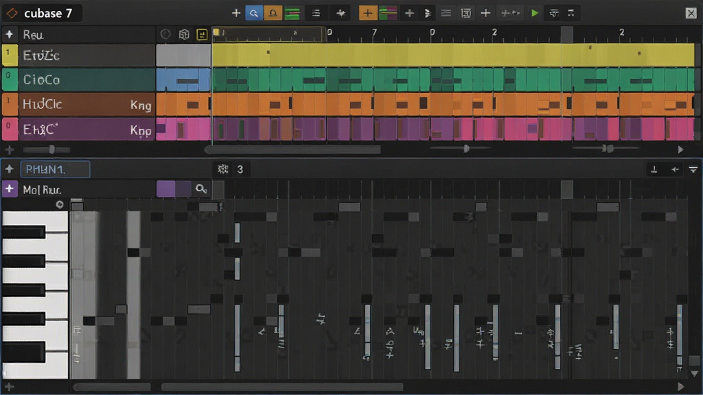 主体:Cubase 7 的和弦轨与钢琴卷帘窗,显示和弦标记与 MIDI 音符,布局:和弦轨位于顶部,下方对应钢琴卷帘窗,编排:左侧为和弦列表,右侧为音符编辑区,风格:现代扁平化设计,细节:和弦块以不同颜色区分,音符力度以垂直条显示,画质:干净,无多余元素