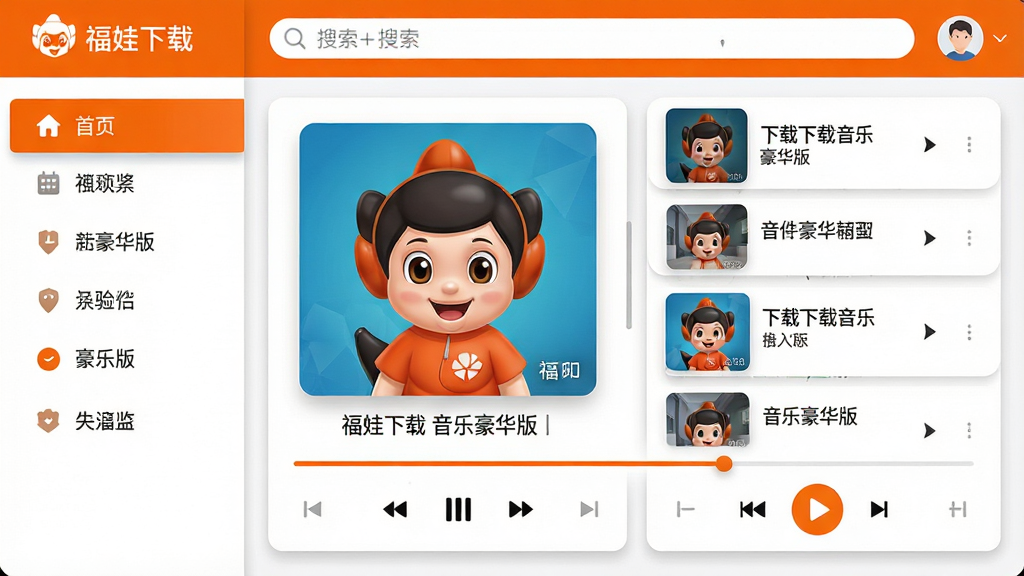主体:福娃下载 音乐豪华版软件界面展示,占据画面中央。布局:左侧为分类导航栏,右侧为歌曲列表和播放控制区,顶部为搜索框和用户头像。排版:现代简约风格,卡片式布局,信息层级清晰。风格:扁平化设计,主色调为活力橙与纯净白,搭配柔和阴影。细节:播放界面显示歌曲封面、歌词滚动和进度条,搜索框有“福娃下载 音乐豪华版”字样。画质:高清,干净,无多余元素。