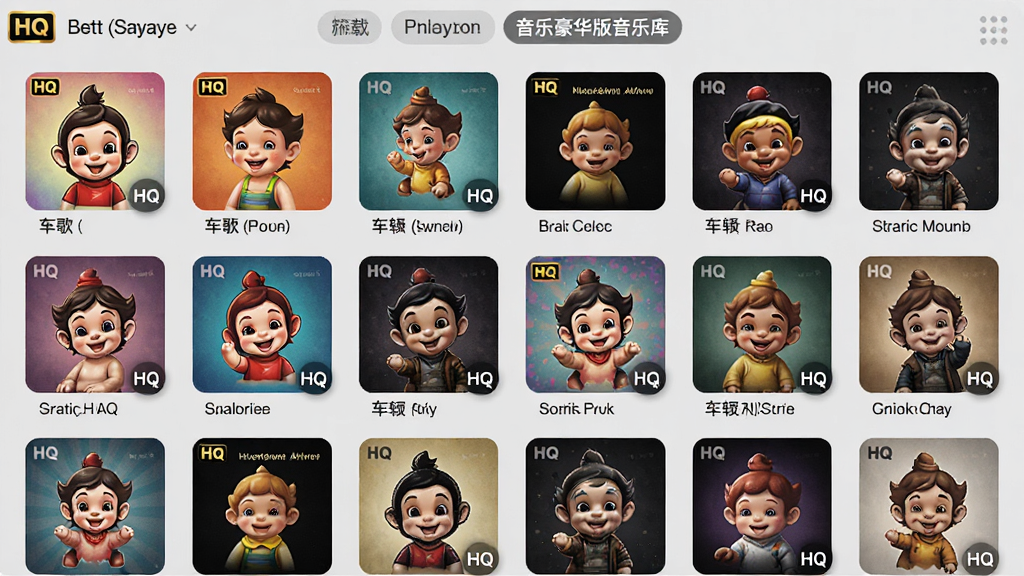 主体:福娃下载 音乐豪华版音乐库界面,展示多张专辑封面。布局:瀑布流形式,每张封面下方标注歌手和专辑名,顶部有分类筛选标签。排版:网格状排列,整齐有序。风格:色彩丰富,封面设计各异,背景为浅灰色。细节:封面边缘有细微圆角,鼠标悬停时有放大效果,左上角标有“HQ”音质标识。画质:高清,干净,无多余元素。