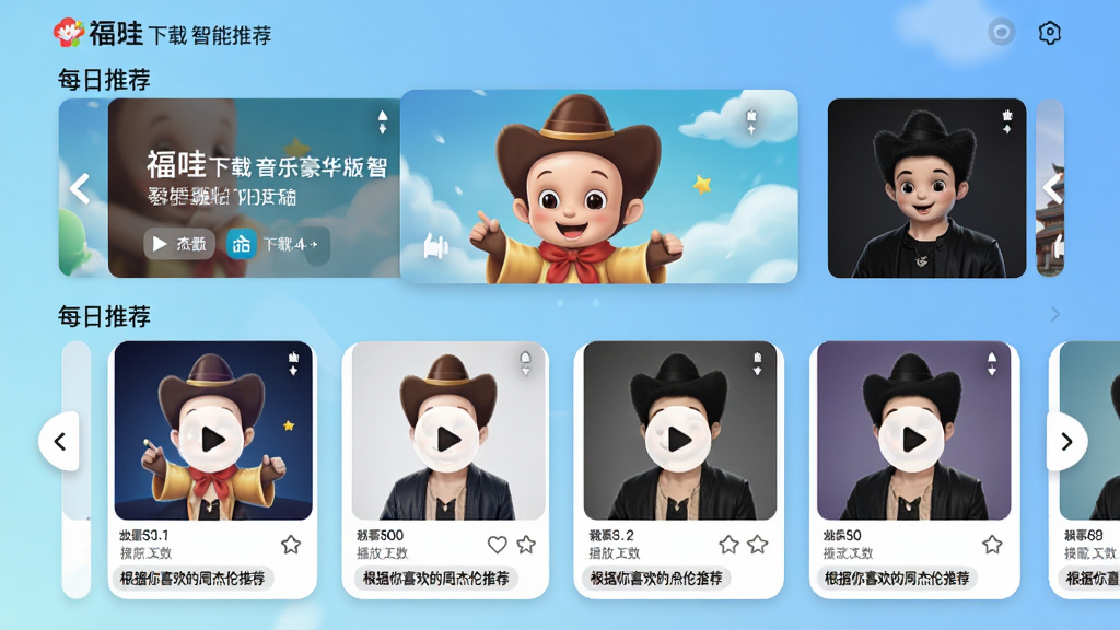 主体:福娃下载 音乐豪华版智能推荐页面,显示“每日推荐”歌单。布局:顶部为轮播图,下方为歌单卡片横滑列表。排版:左右滑动交互,卡片上覆盖播放按钮。风格:清新淡雅,背景为渐变蓝色。细节:歌单卡片显示歌曲数量、播放次数和收藏数,推荐理由标签如“根据你喜欢的周杰伦推荐”。画质:高清,干净,无多余元素。