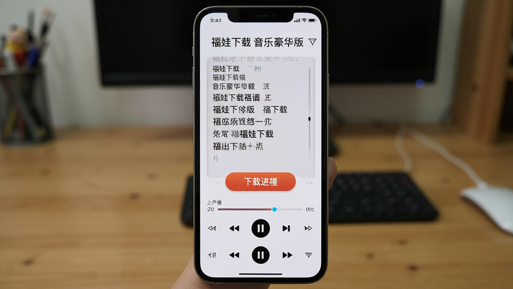 主体:福娃下载 音乐豪华版在手机上的播放界面演示。布局:手机屏幕居中,显示播放器、歌词和下载按钮。排版:竖屏展示,下方为控制条。风格:真实摄影风格,背景为室内桌面。细节:屏幕中显示“福娃下载 音乐豪华版”字样,歌词滚动,下载进度条清晰。画质:高清,干净,无多余元素。