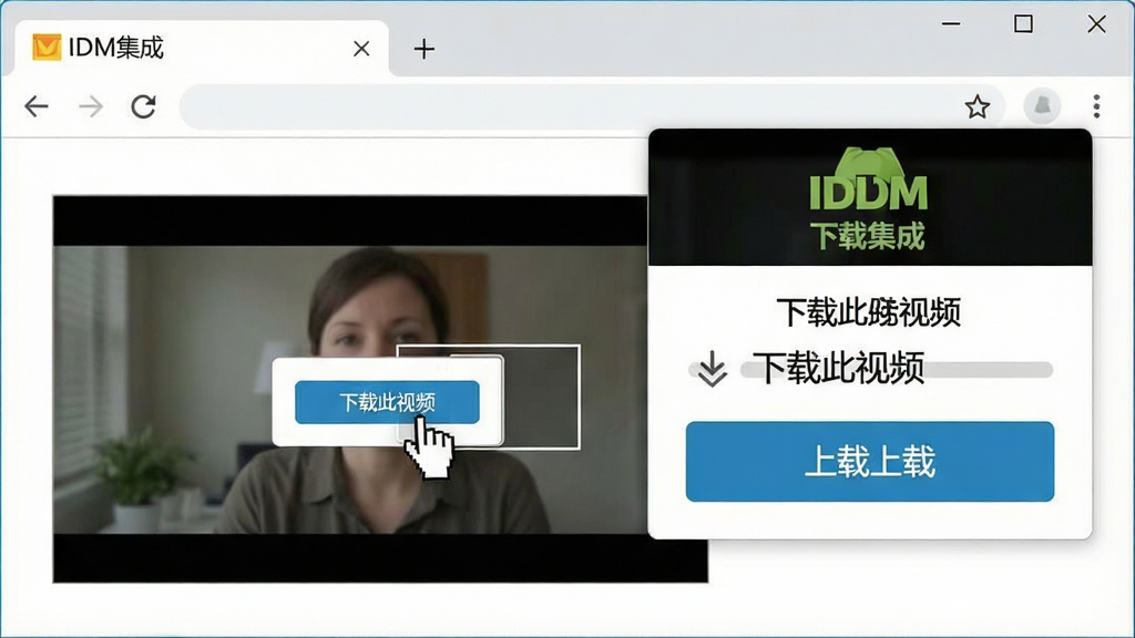 主体:一个浏览器窗口,鼠标悬停在视频上,弹出IDM下载浮动条,显示“下载此视频”。布局:浏览器占据画面左侧,右侧展示IDM悬浮条细节。排版:悬浮条醒目,带有下载按钮。风格:写实界面截图风格,干净整洁。细节:浏览器标签栏有“IDM集成”字样,悬浮条带有下载进度。画质:高清,干净,无多余元素。