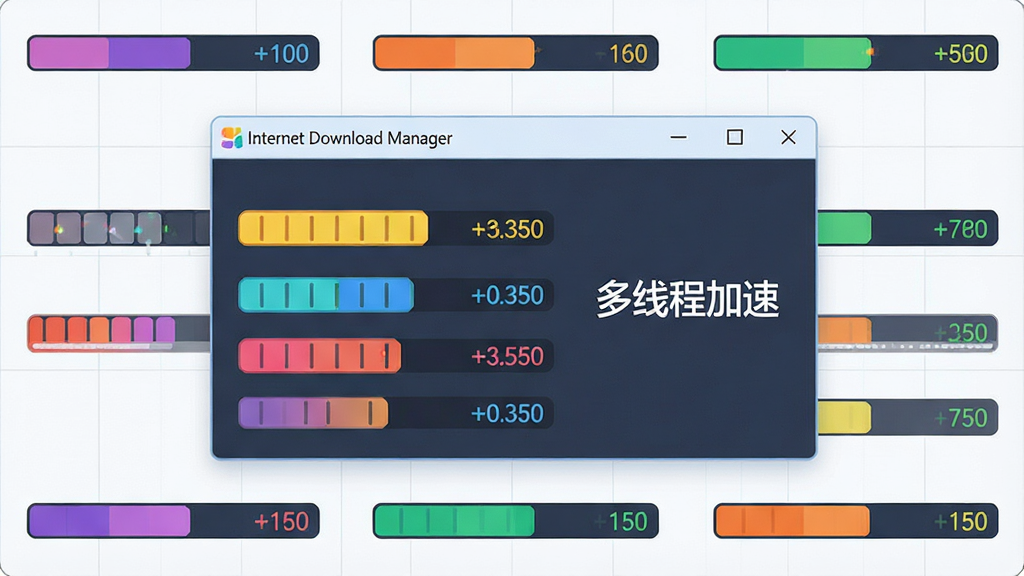 主体:一个放大的Internet Download Manager下载面板,显示多个彩色分段同时下载的动画示意,每个分段有不同颜色,旁边标注“多线程加速”。布局:面板居中,分段示意围绕其周围。排版:简洁直观,分段条码排列整齐。风格:扁平化插画风,颜色鲜艳。细节:每个分段条有速度数字闪烁,背景有轻微网格。画质:高清,干净,无多余元素。