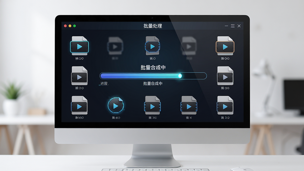 主体:电脑屏幕显示DV视频字幕合成伴侣的批量处理界面,布局:屏幕中央为进度条,周围有多个视频文件图标,排版:简洁直观,风格:科技感,细节:进度条显示“批量合成中”,画质:高清,干净,无多余元素