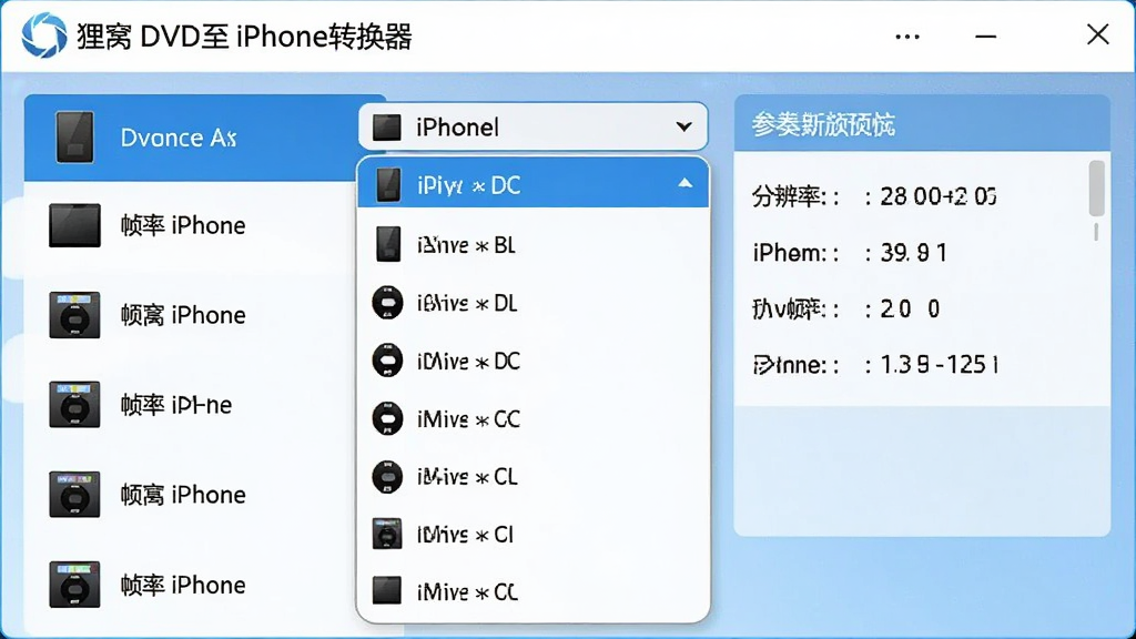 ��������Ϊ������DVD��iPhoneת���������豸Ԥ��ѡ����棬�����˵�����ʾ����iPhone�ͺ�ѡ����ּ�࣬���Ϊ�豸�б����Ҳ�Ϊ����Ԥ��������ƽ����������ɫ��ϸ�ڰ����ֱ��ʡ�֡�ʵȲ�����ǩ�����ʸɾ����޶���Ԫ�ء�