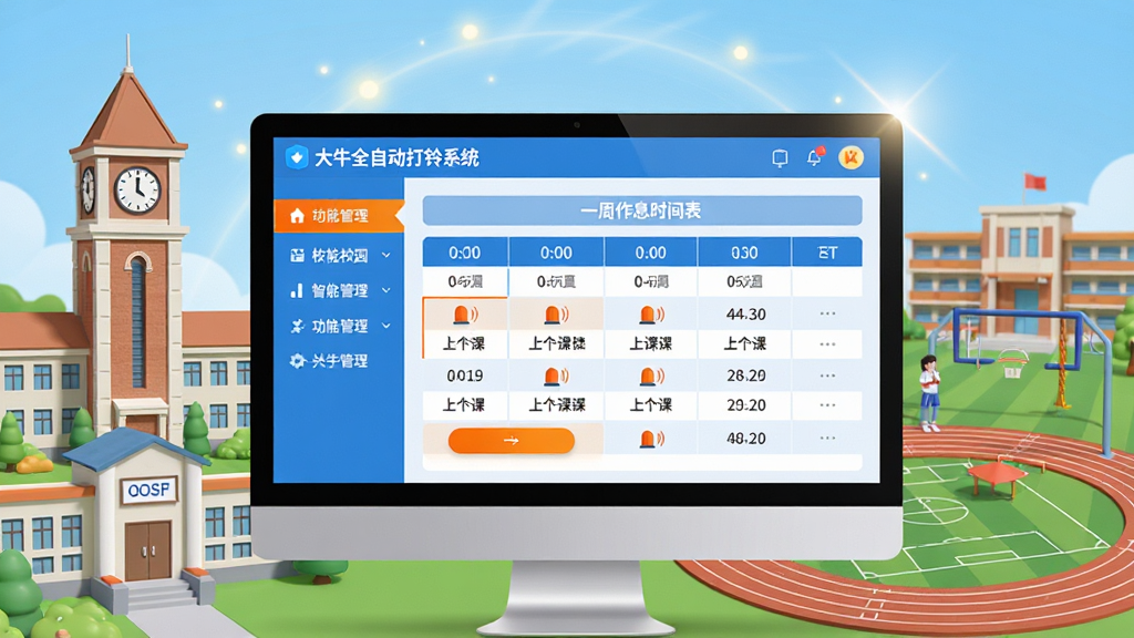 ���壺��ţȫ�Զ�����ϵͳ���������棬չʾ�ڵ�����Ļ�ϣ���Χ��ѧУ��¥�����ҡ��ٳ���Ԫ�ػ��ƣ���������У԰�������������֣���������У�����й��ܲ˵��б����Ҳ���ʾһ����Ϣʱ������Ű棺����Ԫ������������Ϣ�����ɶ�������ִ���ƽ����ƣ�ɫ�����죬����ɫ�Ͱ�ɫΪ��ɫ���������ɫ������ť��ϸ�ڣ���Ļ�Ͽɼ�����ţȫ�Զ�����ϵͳ��������ʱ����������¿�����ͼ�꣬��������΢�Ĺ�Ч��׺�����ʣ�4K������Ⱦ������ɾ����޶���Ԫ�ء�