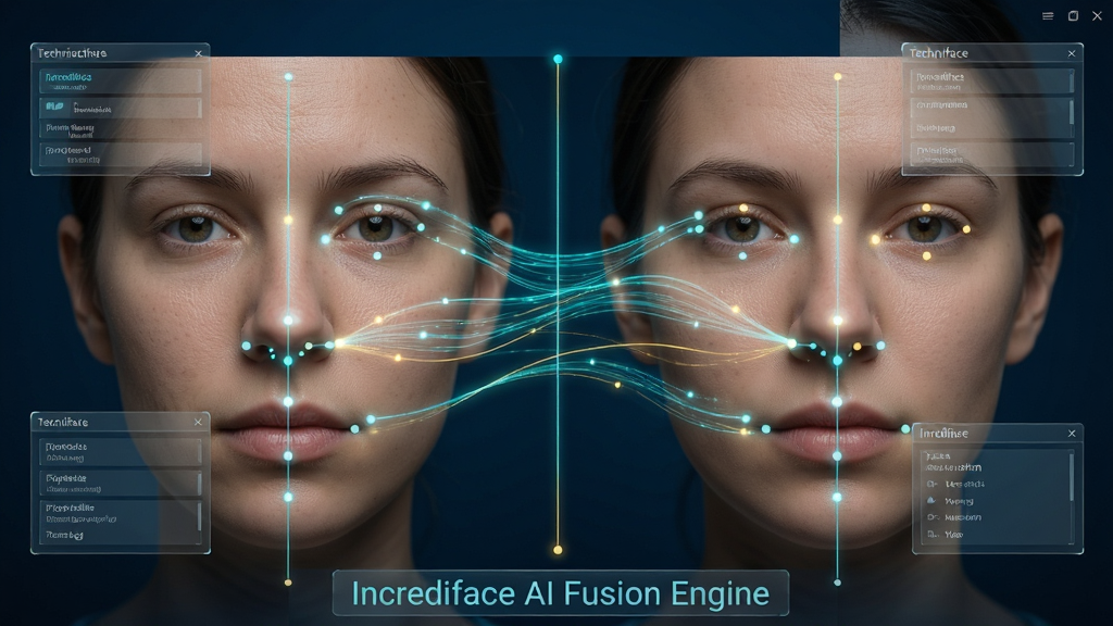 ���壺Incrediface��������ʱ���沿�ںϹ�����д�����ҷ�����ʾԭʼ�沿���ںϺ���沿���м��������Ĺ�����ӹؼ������㡣���֣���Ļ����Ŵ���ʾ�沿������Χ�����Ű�͸���ļ����������Ű棺�����Աȣ��м��Է�����������ӣ��Ƽ���ʮ�㡣��񣺿ƻ�ʵ���ҷ������ɫ������������ɫ�ͽ�ɫ�ĸ���������UIԪ��Ϊ��͸�������ʸС�ϸ�ڣ��沿Ƥ�������������۾������ӡ���͵�λ���б�ǵ㣬�ںϹ���ƽ����Ȼ�����ʣ������壬ϸ������������ɾ����޶���Ԫ�ء����֣���Ļ�·���ʾ��Incrediface AI Fusion Engine��������