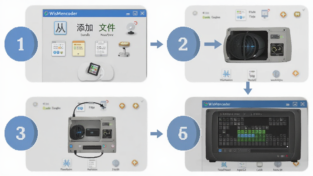 WisMencoder使用教程步骤图,展示从添加文件到开始编码的四个步骤,每个步骤用编号圆圈表示,背景为浅灰色,界面干净,文字标签