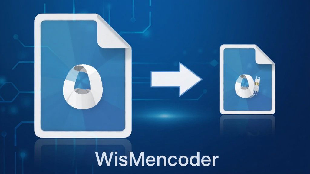 WisMencoder压缩对比示意图,左侧为原始大文件图标,右侧为压缩后的小文件图标,中间有箭头连接,背景为科技感蓝色渐变,图片底部有