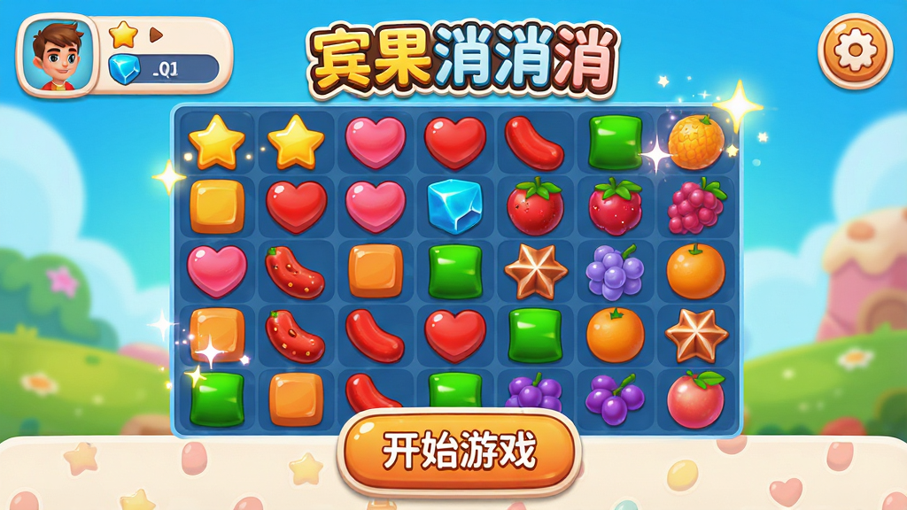 主体:一款名为“宾果消消消”的手机消除游戏界面,画面中央是色彩斑斓的糖果和方块,排列整齐。布局:游戏场景占据画面主体,下方有“开始游戏”按钮,左上角显示玩家头像和等级,右上角有设置图标。排版:游戏UI采用圆润的卡通风格,按钮大而醒目,整体布局简洁明了。风格:明亮活泼的卡通风格,色彩鲜艳,充满童趣。细节:画面中可见“宾果消消消”字样Logo,方块上有星星、爱心、水果等图案,特效光效闪烁。画质:高清画质,干净,无多余元素。