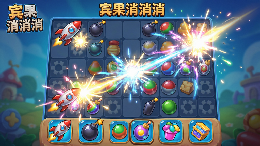 主体:宾果消消消游戏过程中,玩家正在使用特殊道具,画面中多个道具特效同时触发,产生绚丽的消除效果。布局:游戏棋盘占据画面中央,道具图标在棋盘下方排列,特效光效覆盖大片区域。排版:棋盘格子清晰,道具图标形象生动,特效动画流畅。风格:动态特效风格,色彩明亮,科技感与卡通感结合。细节:画面中可见“宾果消消消”字样,道具包括火箭、炸弹、彩球等,消除时出现闪光和粒子效果。画质:高清画质,干净,无多余元素。